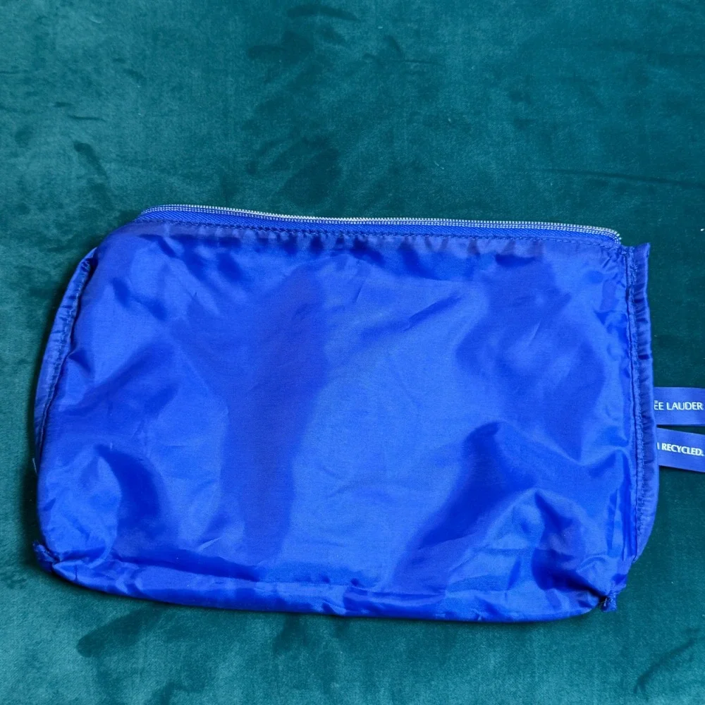 Estee Lauder Blue Floral Print Cosmetic Bag‎ Pouch Zipper Gold Flower Charm